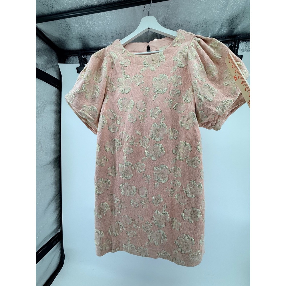 Umgee Pink Corduroy Gold Metallic Floral Puff Sleeve Shift Dress Medium